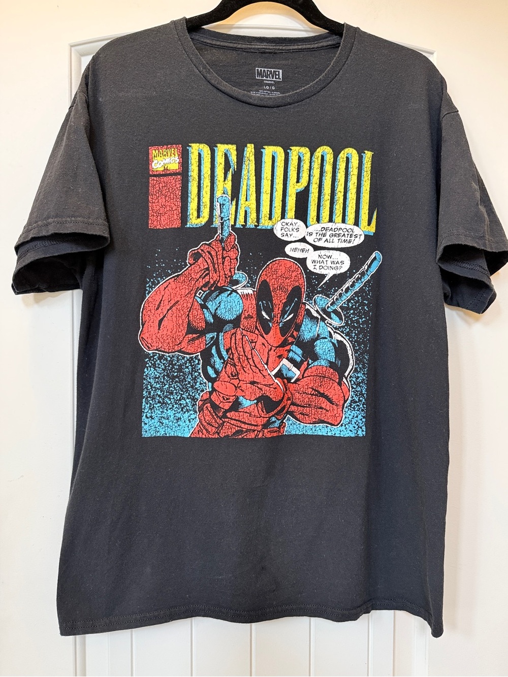 Marvel Deadpool Black Graphic Tee with Red and Blue Print